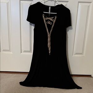 Kensie Black Midi Dress with Beige Lace-Up Detail